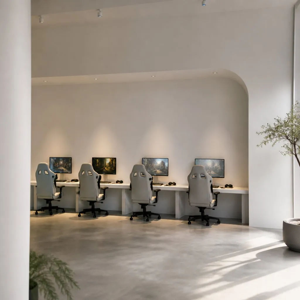 Four calm gaming stations tucked into a recessed white alcove for solo focus