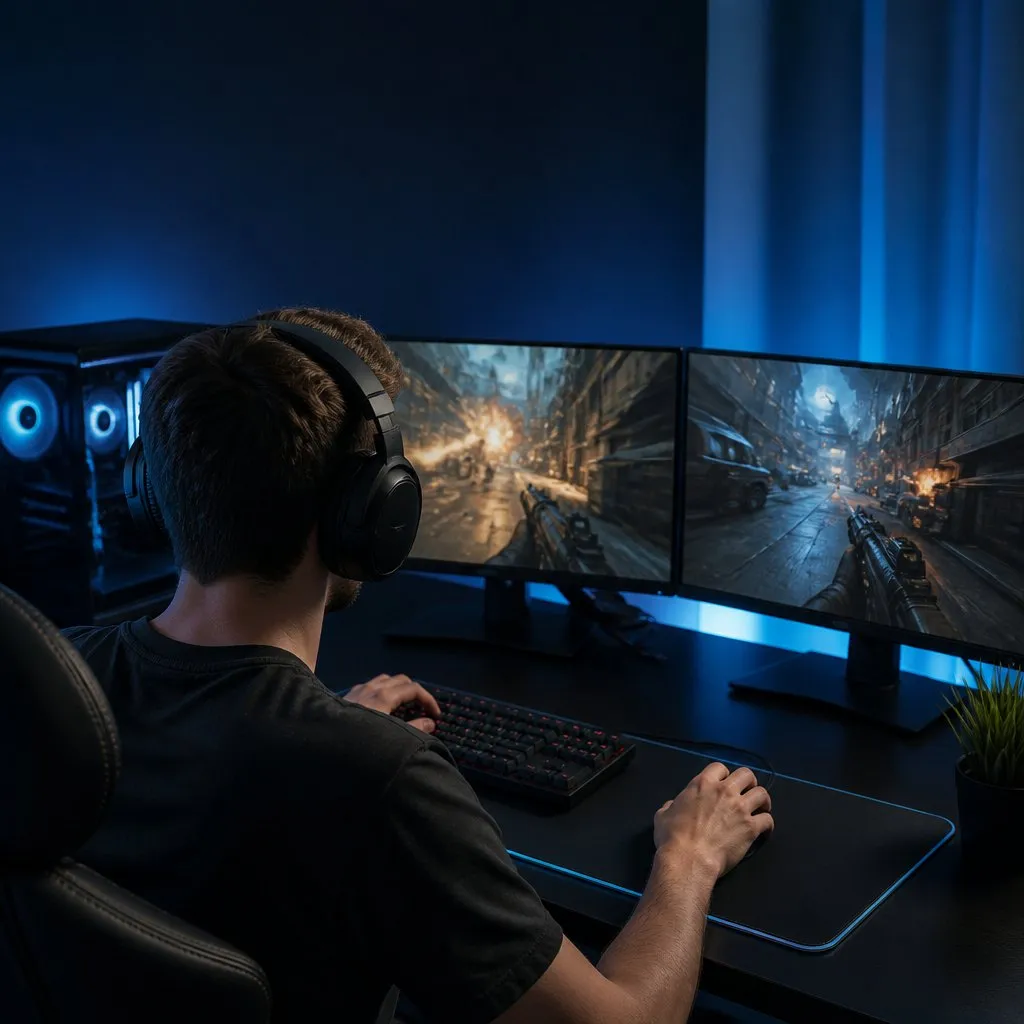 A player seen from behind at a gaming PC playing a first-person shooter in a blue-lit room