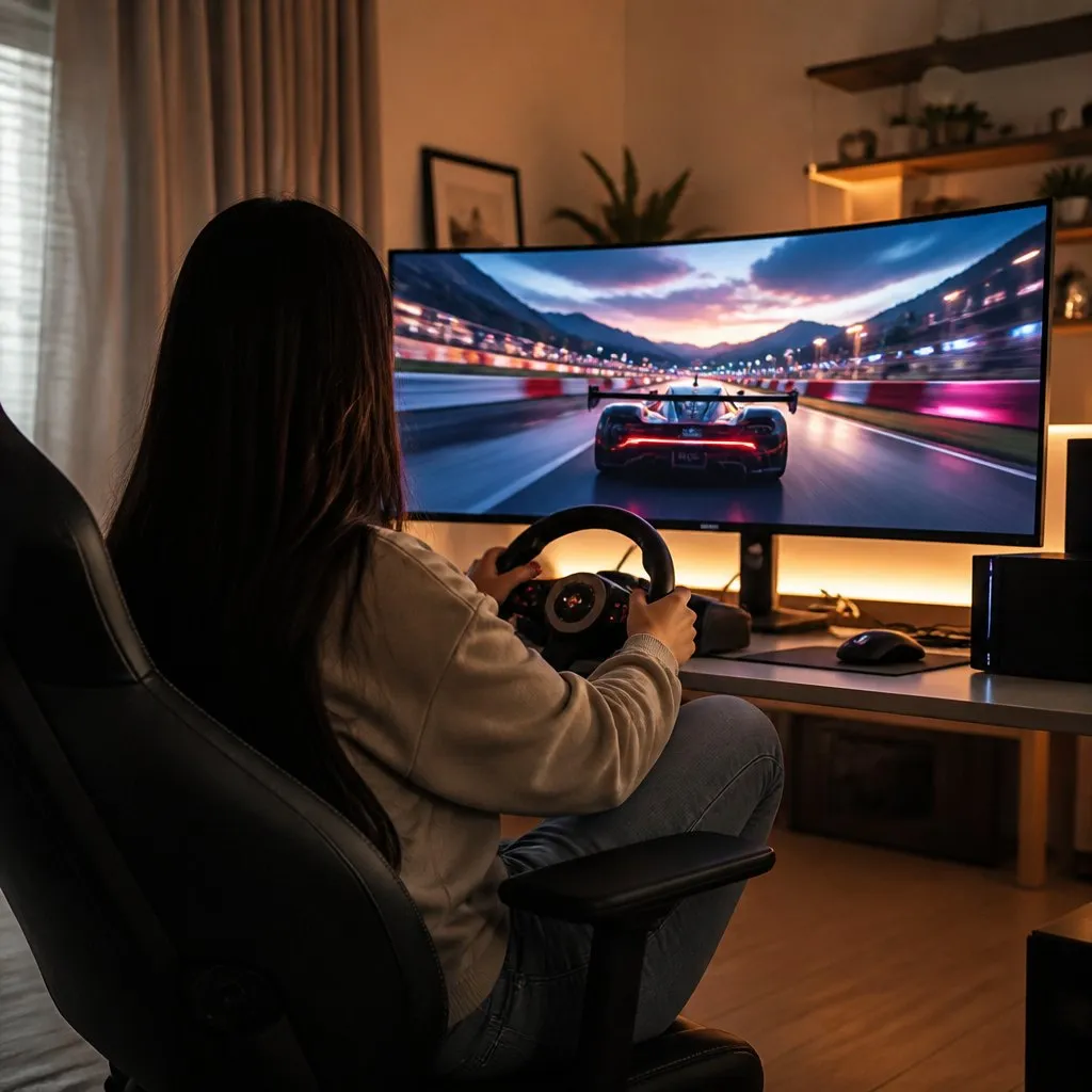 A player racing a car game on a widescreen monitor in a warm-lit room