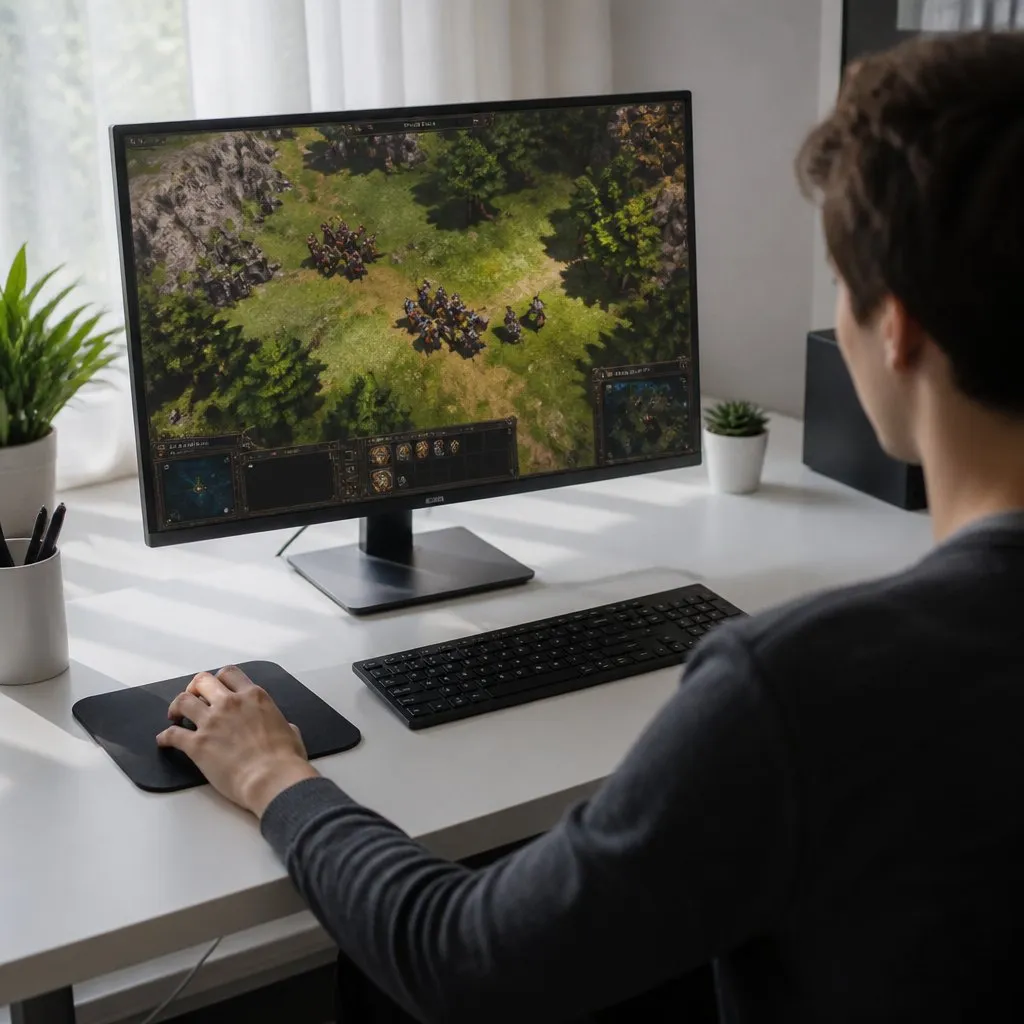 Over-the-shoulder view of a strategy game with a map on screen at a bright white desk