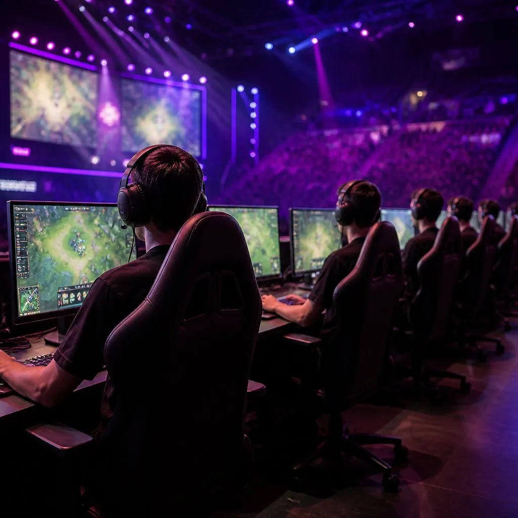 A row of players at gaming computers in a purple-lit esports arena playing a team game