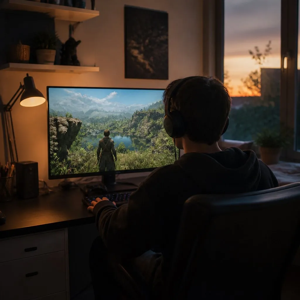 A player at a large monitor exploring an open-world game at dusk in a home corner