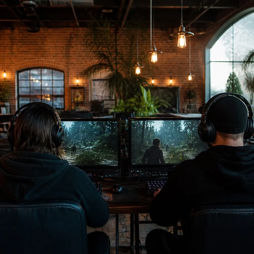 Two players side by side at computers playing a co-op survival game in an industrial loft