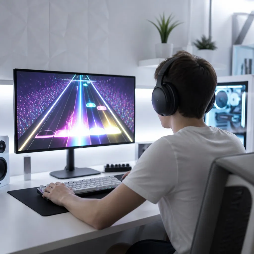 A player wearing headphones playing a colourful rhythm game on a PC in a clean white room