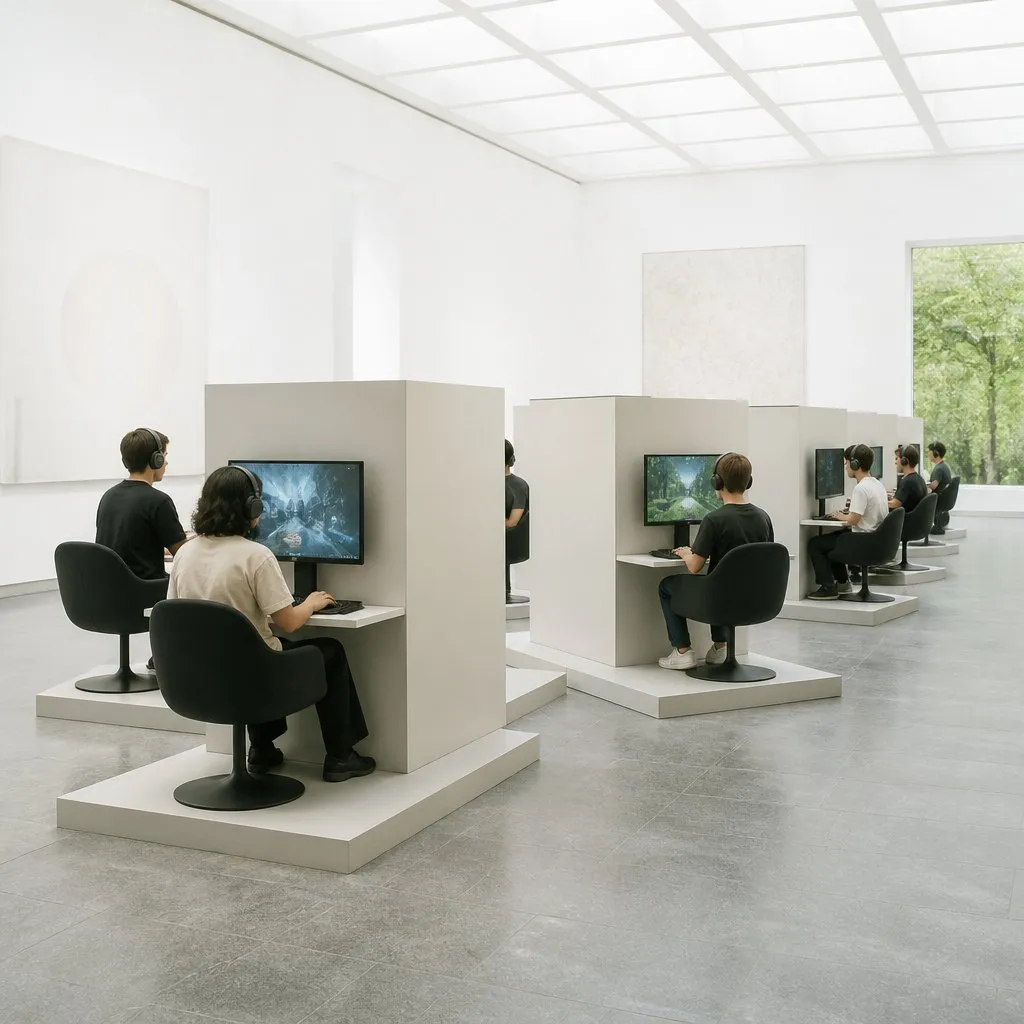 Eight gaming stations arranged back to back on pale plinths in the centre of a bright white room