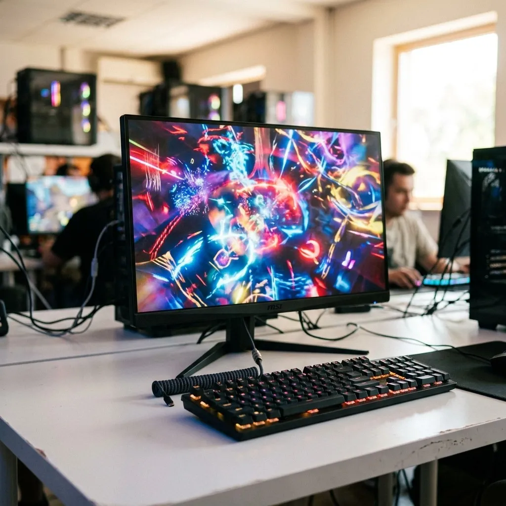 Close study of a gaming keyboard and mouse on a pale desk at the computer club