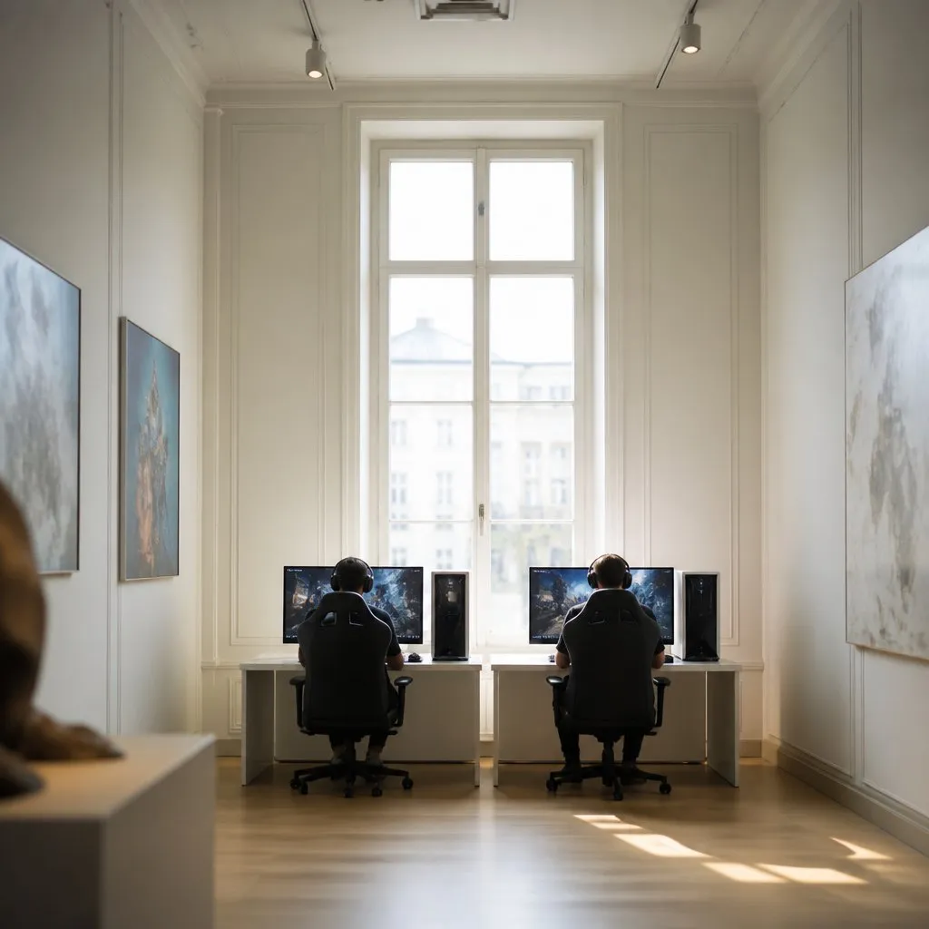 Two gaming stations side by side beneath a tall bright window in the white gallery hall